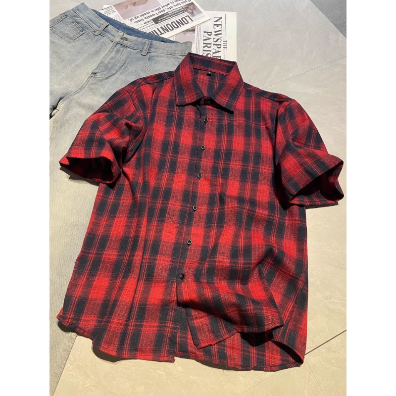 红色格子衬衫短袖男夏季男生穿搭高级感痞帅半袖cleanfit格纹衬衣