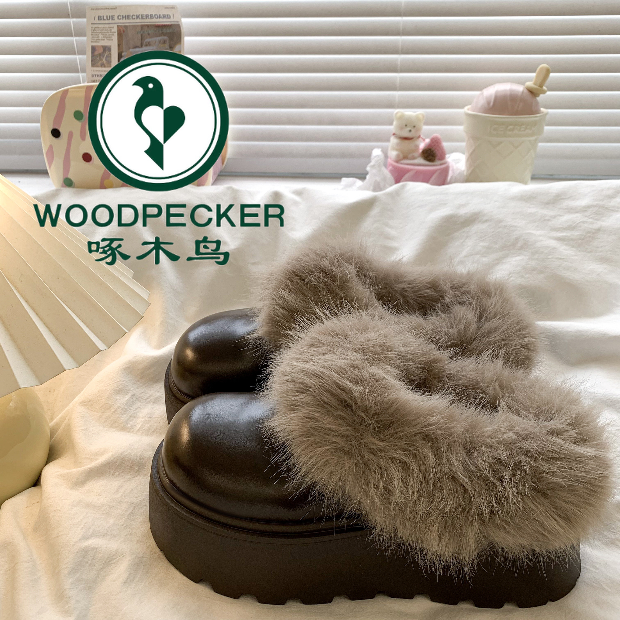 啄木鸟2025冬季新款厚底松糕底增高保暖懒人一脚蹬毛毛包头勃肯鞋