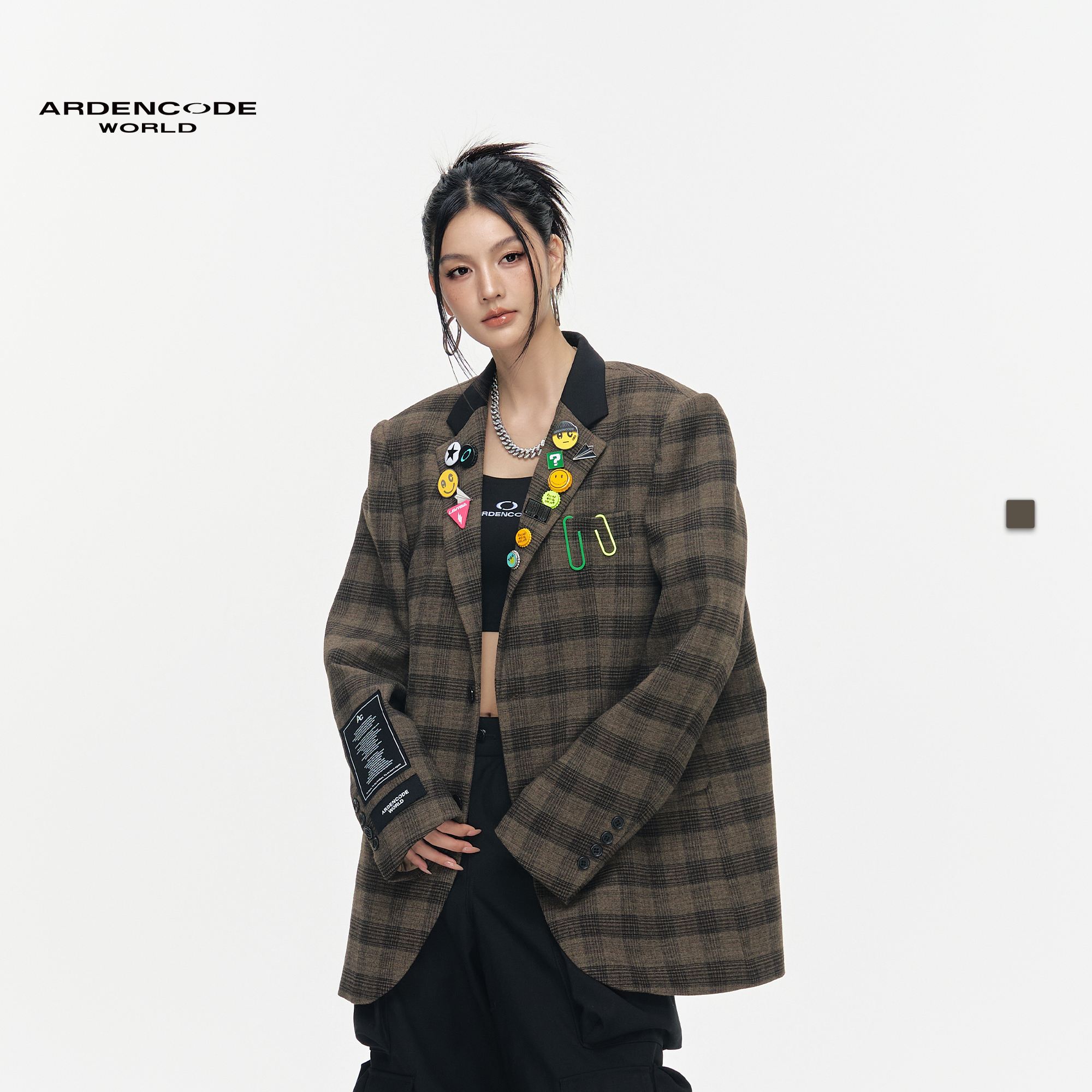 ARDENCODE男女复古格子胸针宽肩大宽松混纺直筒西装外套 X1版型