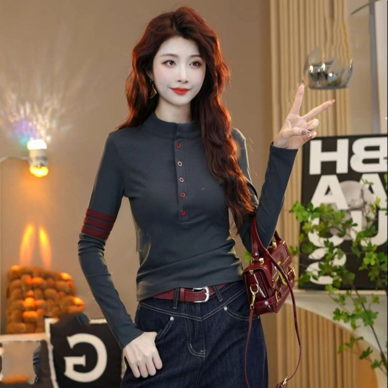 时尚半高小立领德绒撞色纽扣设计打底排扣洋气长袖套头女显瘦上衣