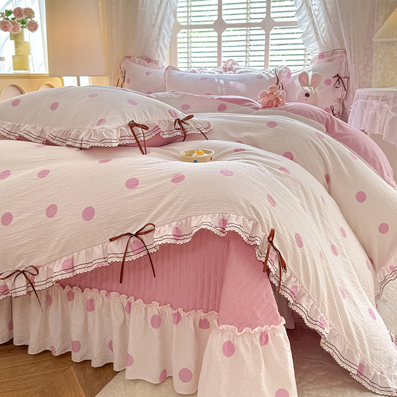 水星家纺适用2025新款A类韩式蝴蝶结床盖款棉麻亲肤柔软四件套