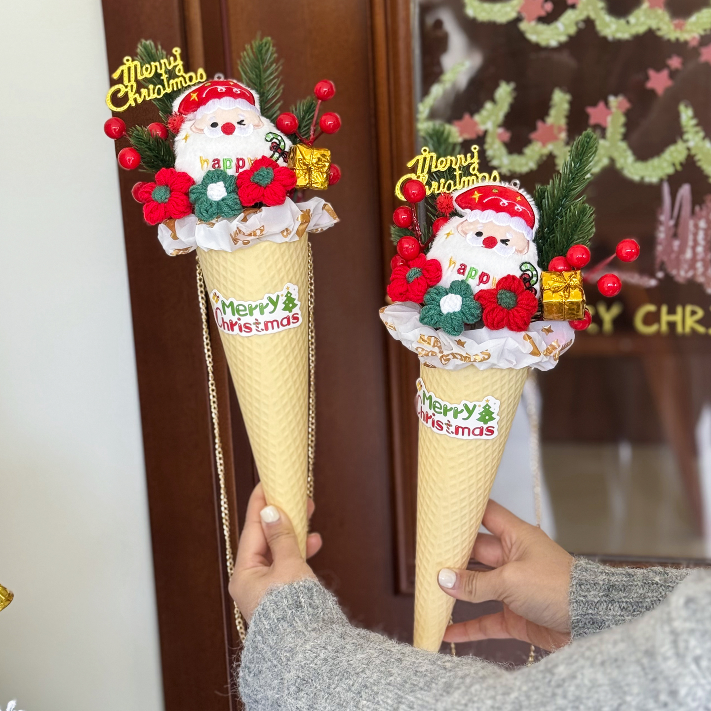 创意甜筒针织毛线花圣诞老人玩偶花束送朋友闺蜜圣诞节礼物平安夜