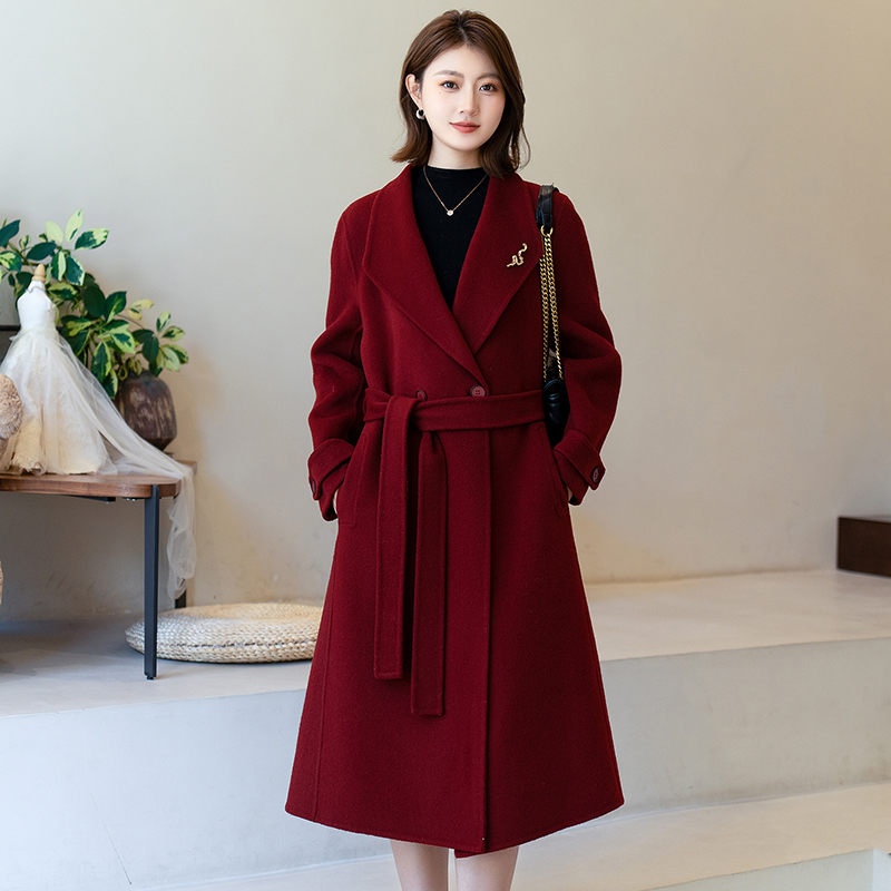 高档羊毛双面绒大衣长款西装酒红色婚宴喜庆中老年妈妈毛呢外套