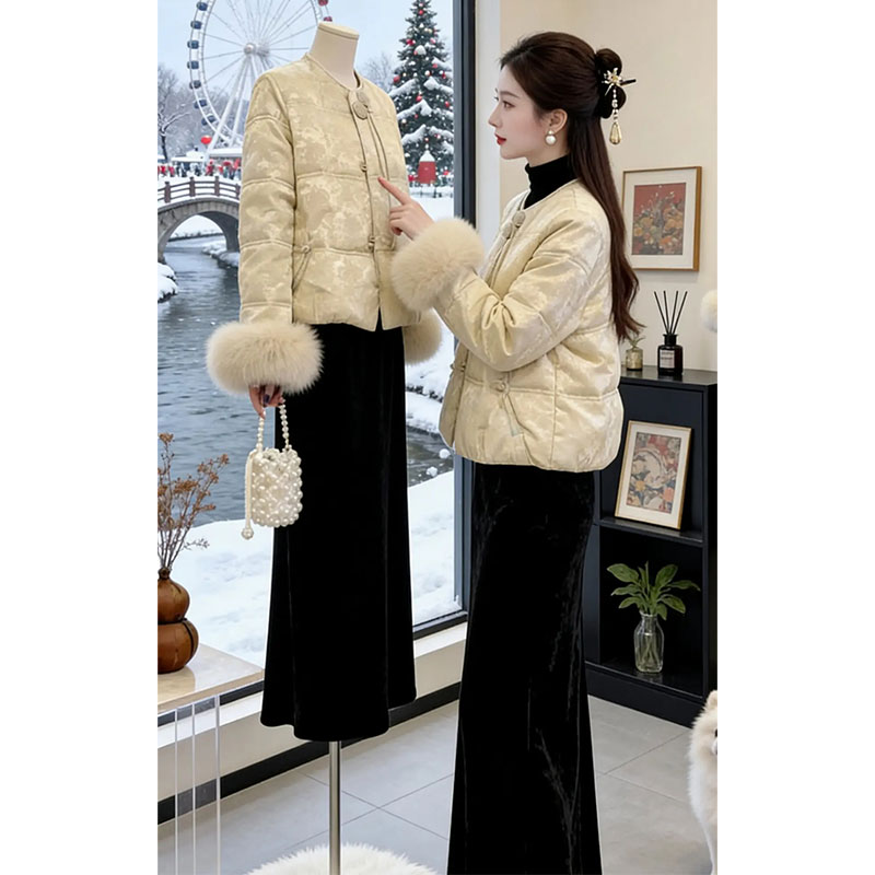 兹伊翰【冬光织锦】2025冬季新款盘扣毛茸茸袖口拼接棉服女加厚棉衣