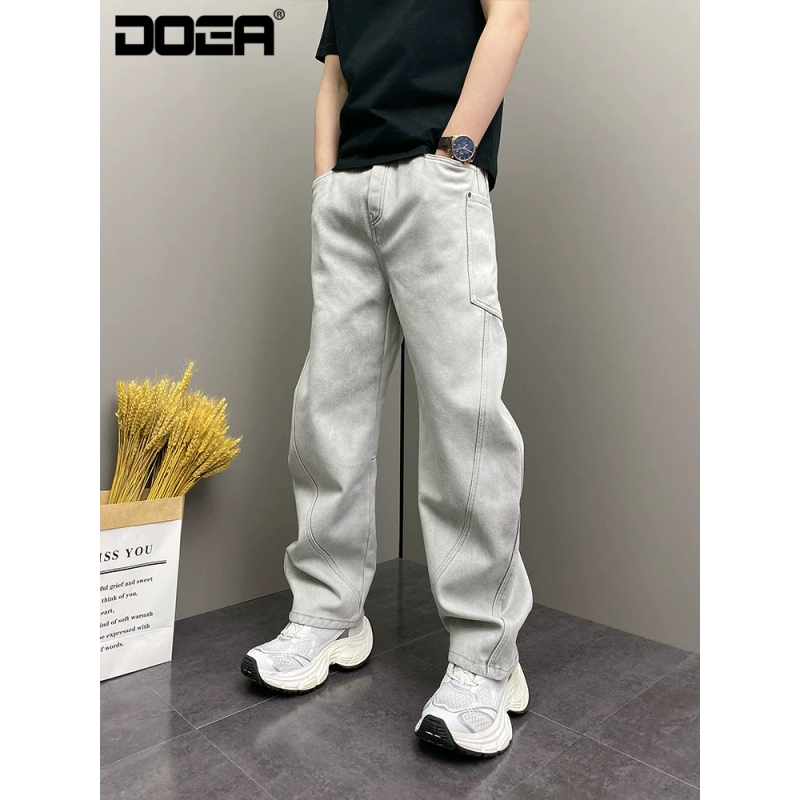 秋冬美式网红原创爆款宽松哈伦直筒阔腿裤痞帅纯色男士休闲牛仔裤