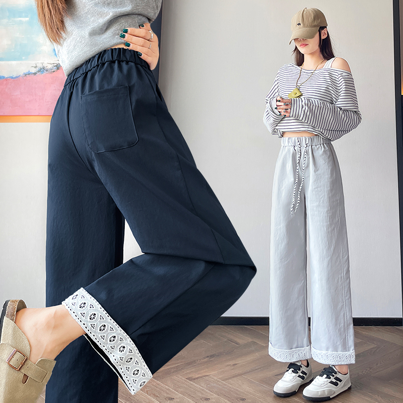 蕾丝拼接阔腿裤子女夏季薄款显瘦九分直筒休闲裤