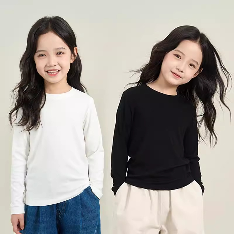 纯棉女童打底衫春秋新款中大童时尚简约圆领纯色百搭长袖T恤上衣