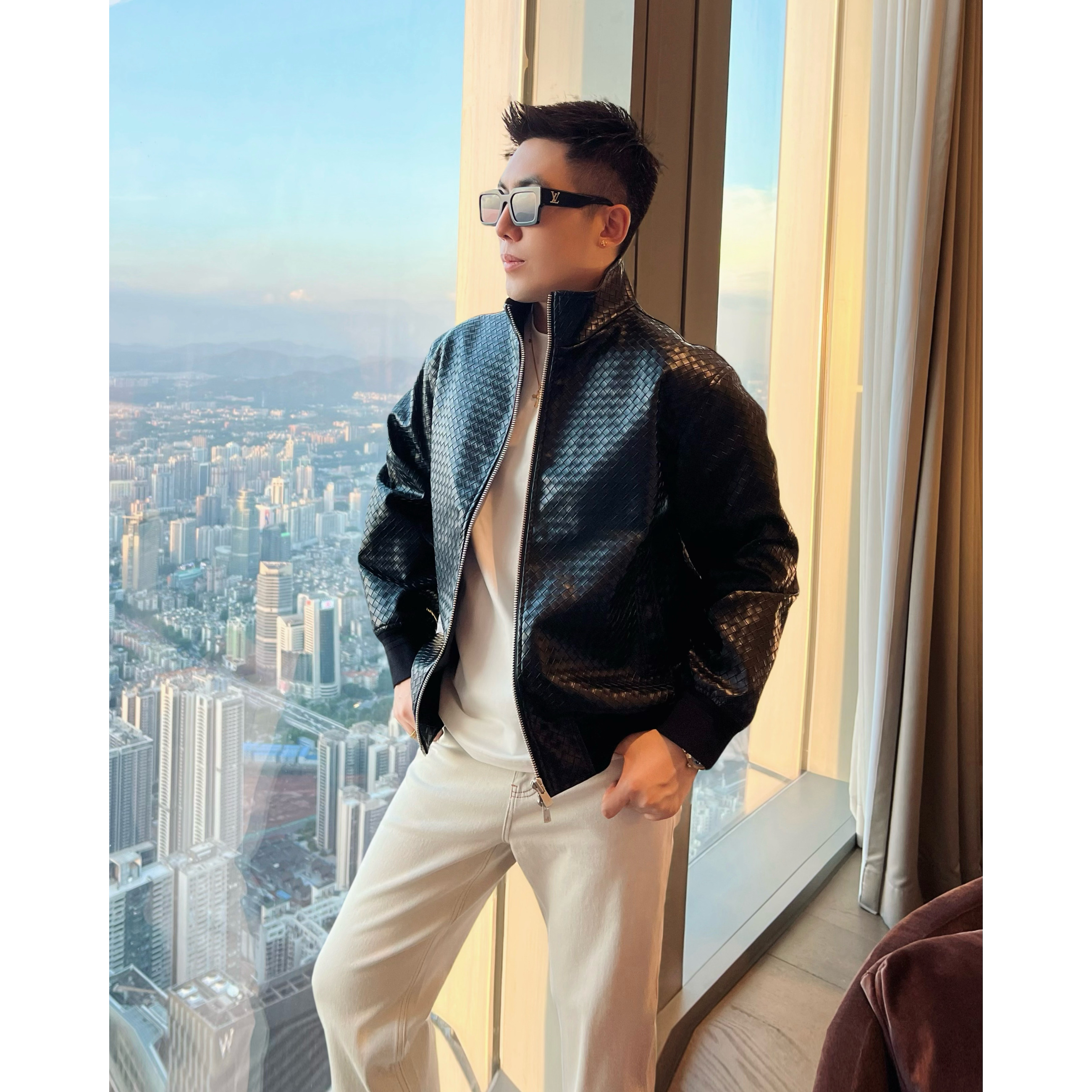 【编织皮衣】BV风定制痞帅男装编织皮上衣男士撞色休闲夹克外套