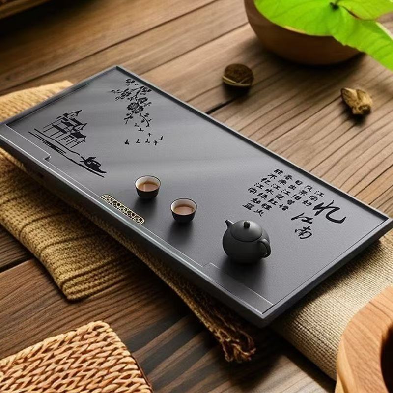 【厂家直销】新款忆江南合成乌金石茶盘家用简约干泡台茶托盘排水式