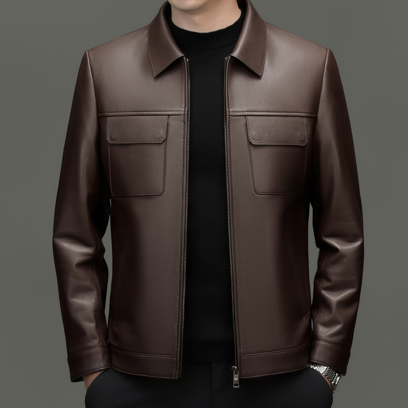 雷总同款皮衣男士头层绵羊皮翻领春秋季高档商务工装真皮夹克外套