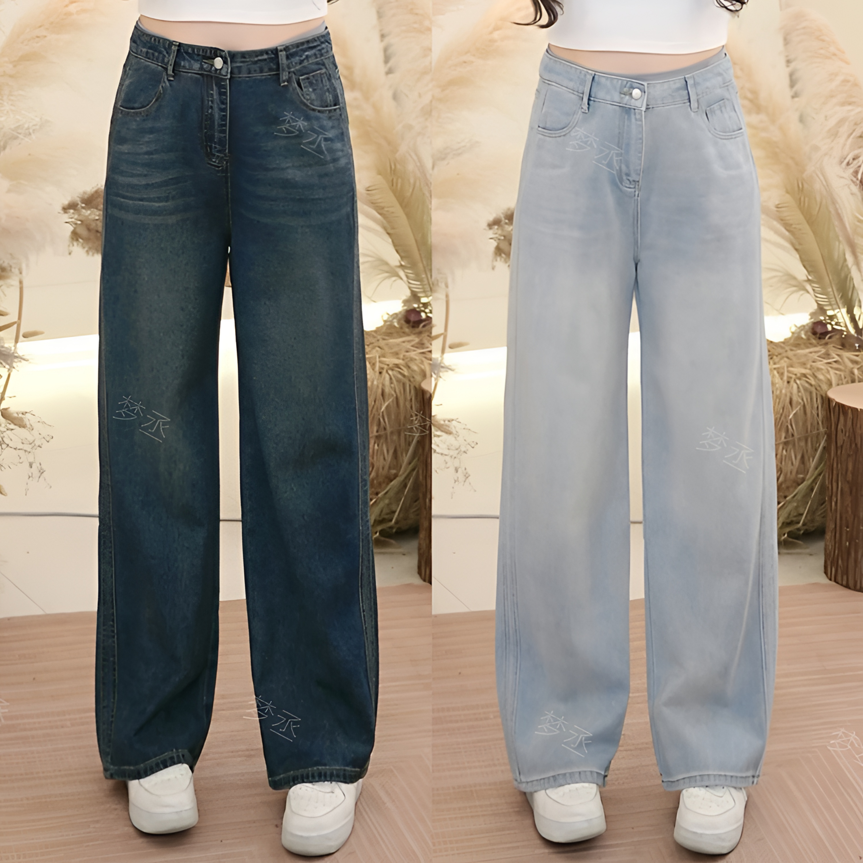 梦丞-早春新款大码女装复古高腰直筒牛仔裤遮跨显瘦百搭阔腿长裤