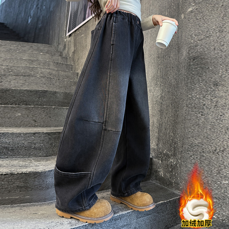 女童弯刀裤秋冬款牛仔裤女大童宽松长裤儿童加绒休闲裤直筒阔腿裤