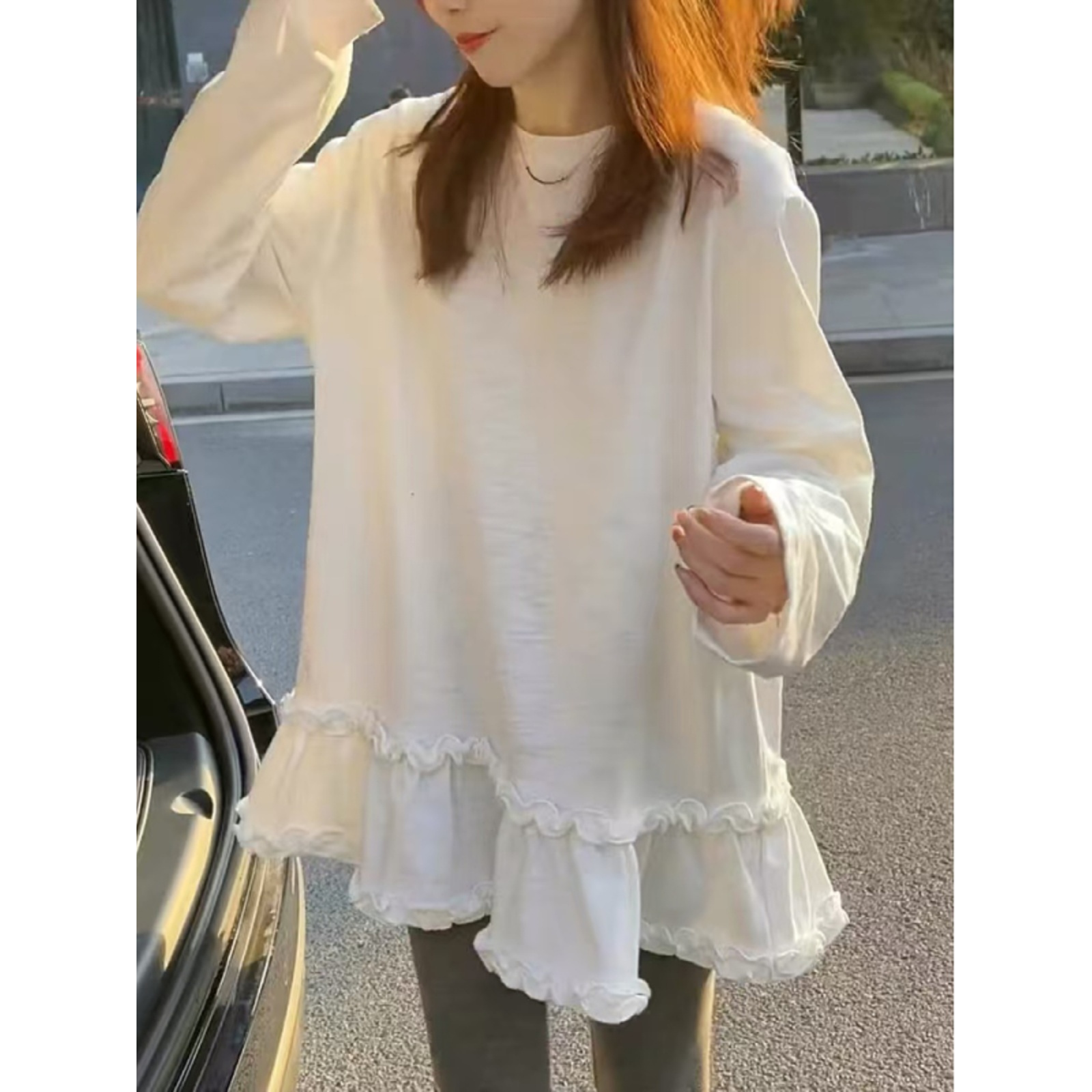 大码白色打底衫女内搭秋冬新款胖MM下摆木耳花边宽松长袖t恤上衣