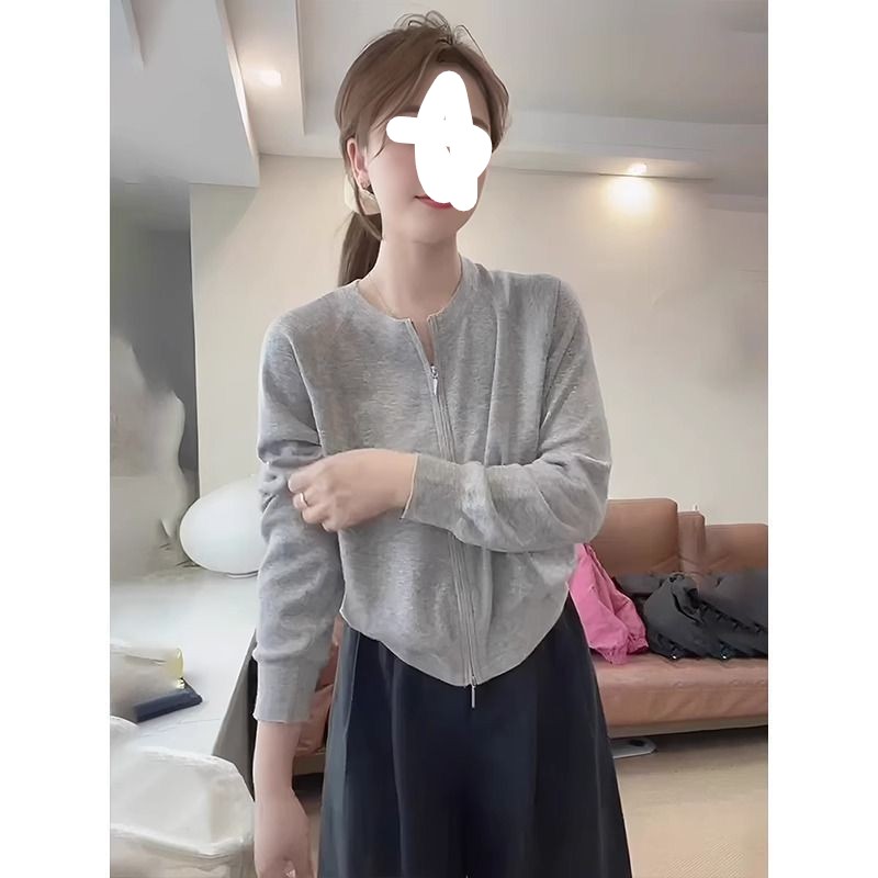 2025新款初秋季双拉链薄款长袖针织衫女开衫外套慵懒风宽松短上衣