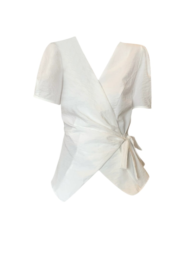 【Amy家】微胖mm设计感交叉绑带V领短袖衬衫女夏不规则显瘦衬衣上衣