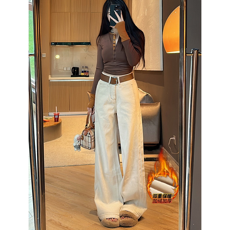 加绒杏色原牛阔腿裤牛仔裤女2025冬季新款高腰显瘦显高拖地长裤