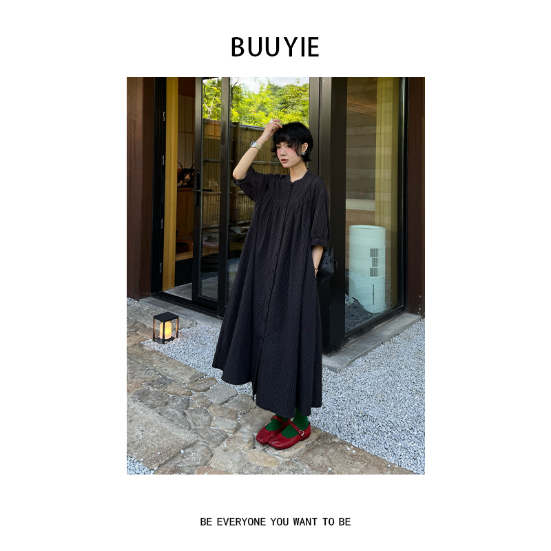 BUUYIE 25SS【疏影】简约风高级感轻奢洋气黑条连衣裙 250659