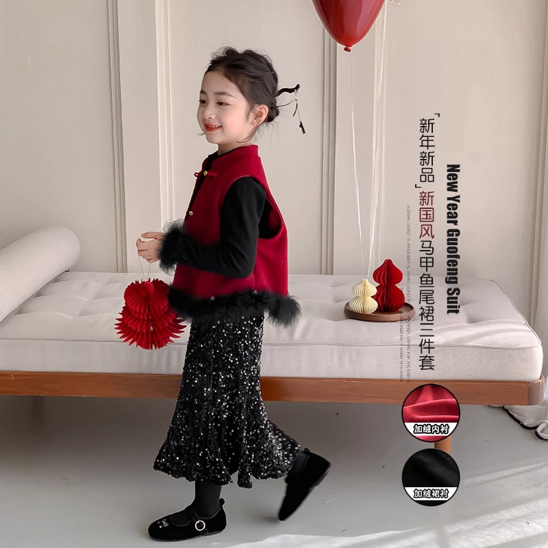 女童拜年服2025新款冬装新中式红色新年衣服三件套HZ-D7851-YGG
