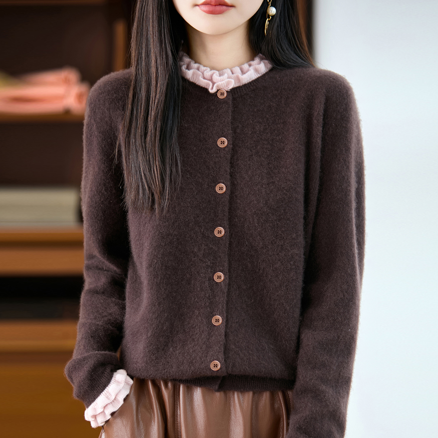 100纯羊毛衫微胖mm春秋特大码女士毛衣木耳边上衣内搭针织打底衫