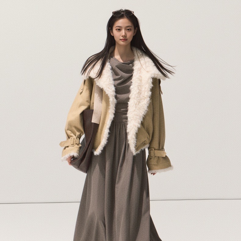 OEKNQQ/"一夜的桂花树" 雾面柔光蓬松小羊羔毛毛短外套翻领派克服