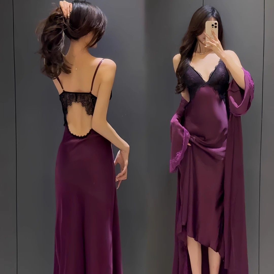 性感女神夏天冰丝2025吊带胸垫高级感蕾丝撞色拼接睡裙红色战袍