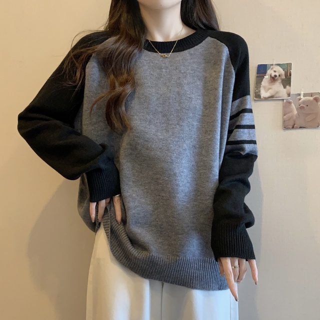 大码套头打底毛衣女秋冬胖mm宽松慵懒风内搭灰色针织衫插肩袖上衣