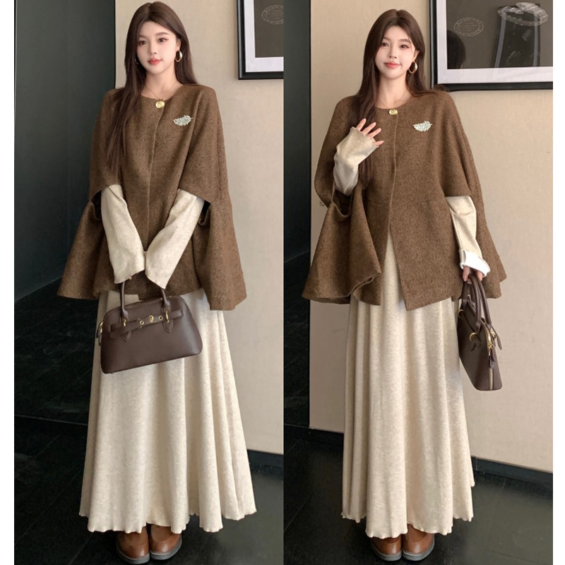 大码【富家千金】秋冬新款小香风套装宽松气质斗篷披肩外套长袖套装