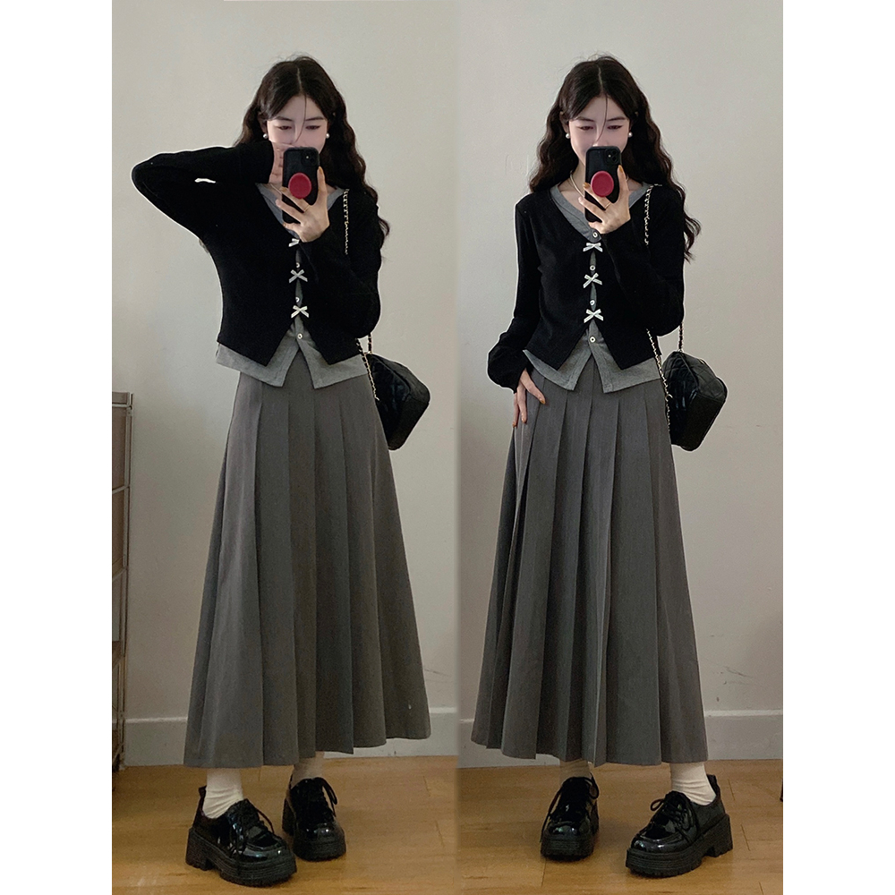 MO88ZSPF大码女装休闲套装假两件针织衫高腰半身裙两件套