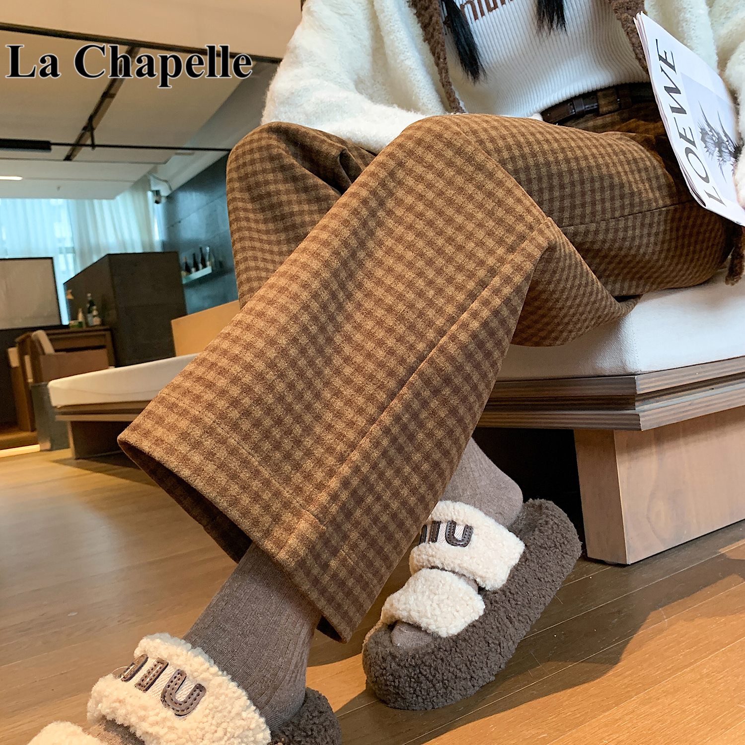 拉夏贝尔毛呢格子西装裤子女秋冬高腰直筒休闲阔腿裤小个子九分裤