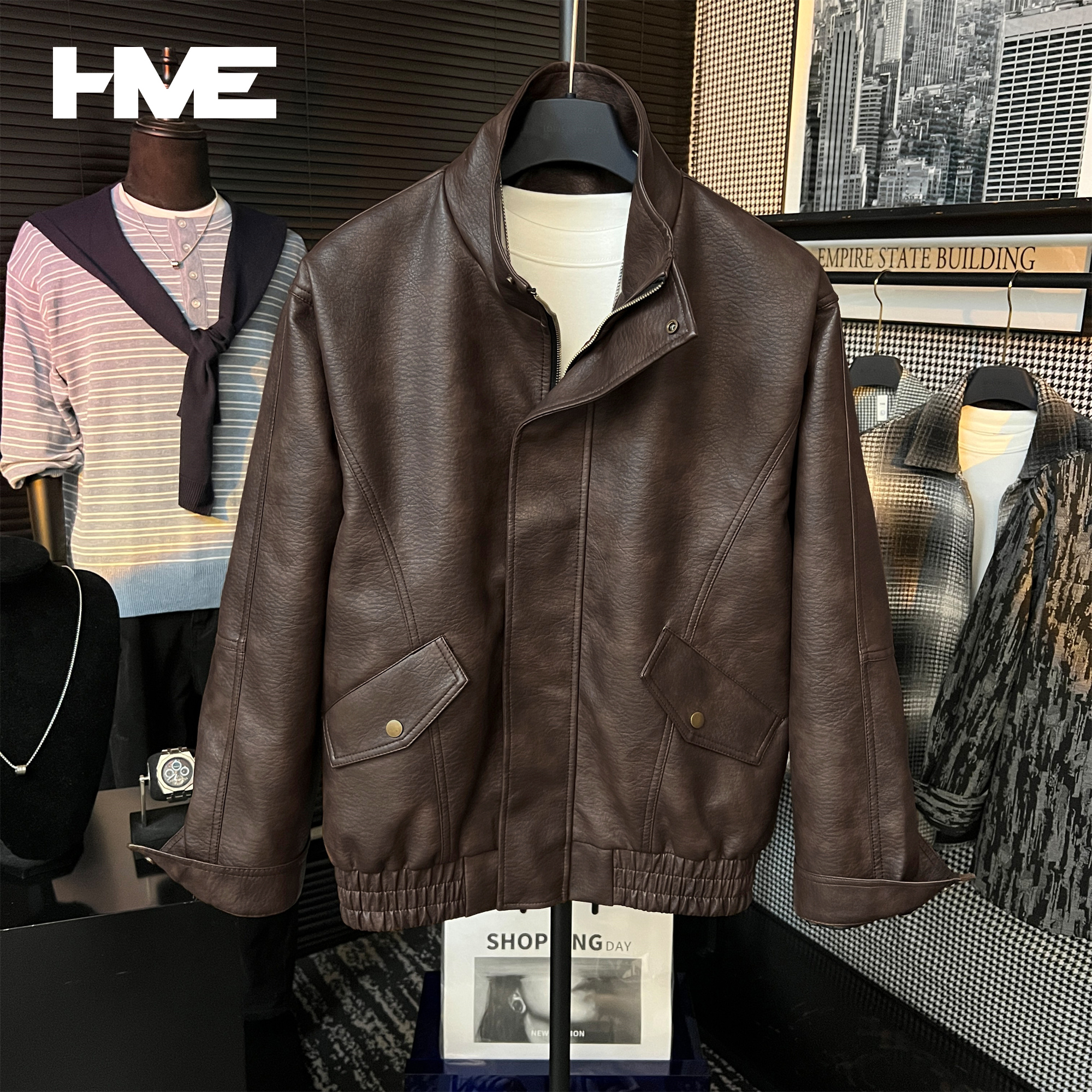 【HMEYAO】【荔枝纹理感】原创秋冬高定皮衣夹克高级气质感立领外套