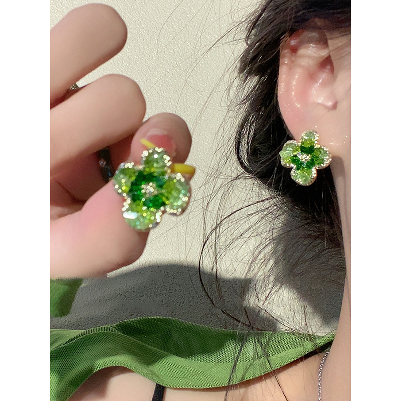 合金合成锆石耳饰 绿色水晶花朵耳钉女轻奢耳环小众设计气质耳饰