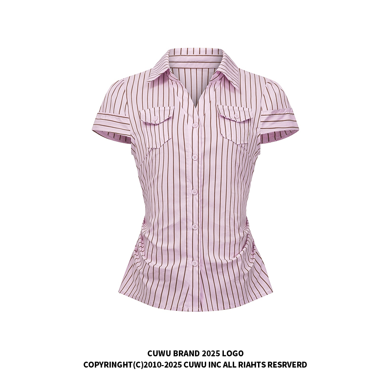 cuwu美式复古粉色条纹辣妹掐腰正肩短袖衬衫女夏季修身短款衬衣潮