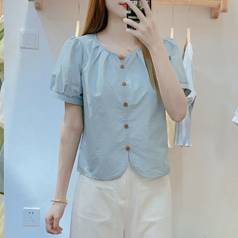 法式夏季新款气质休闲显瘦泡泡袖衬衫女时尚简约减龄百搭上衣小衫