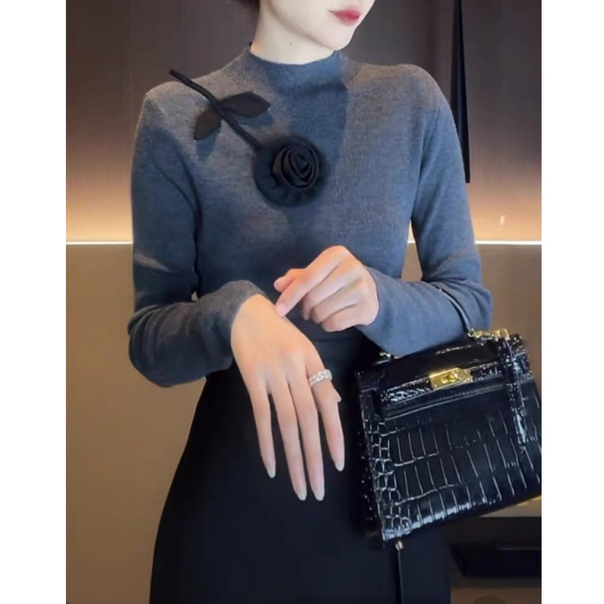 （长袖秋冬款）设计师针织花朵常规款女毛针织衫打底上衣7782#0.13