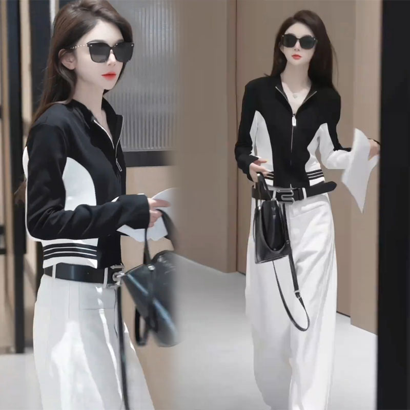 韩系炸街2025秋季时尚长袖卫衣开衫高腰窄版阔腿牛仔裤子两件套装