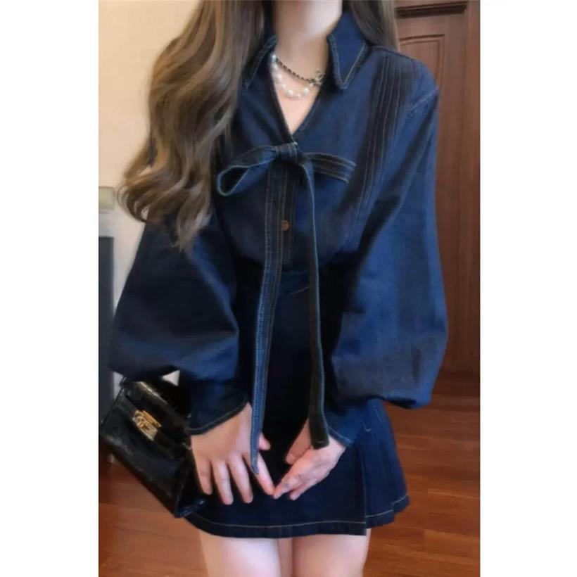 牛仔套装女2025春秋新款韩系高级感气质蝴蝶结外套a字半裙两件套