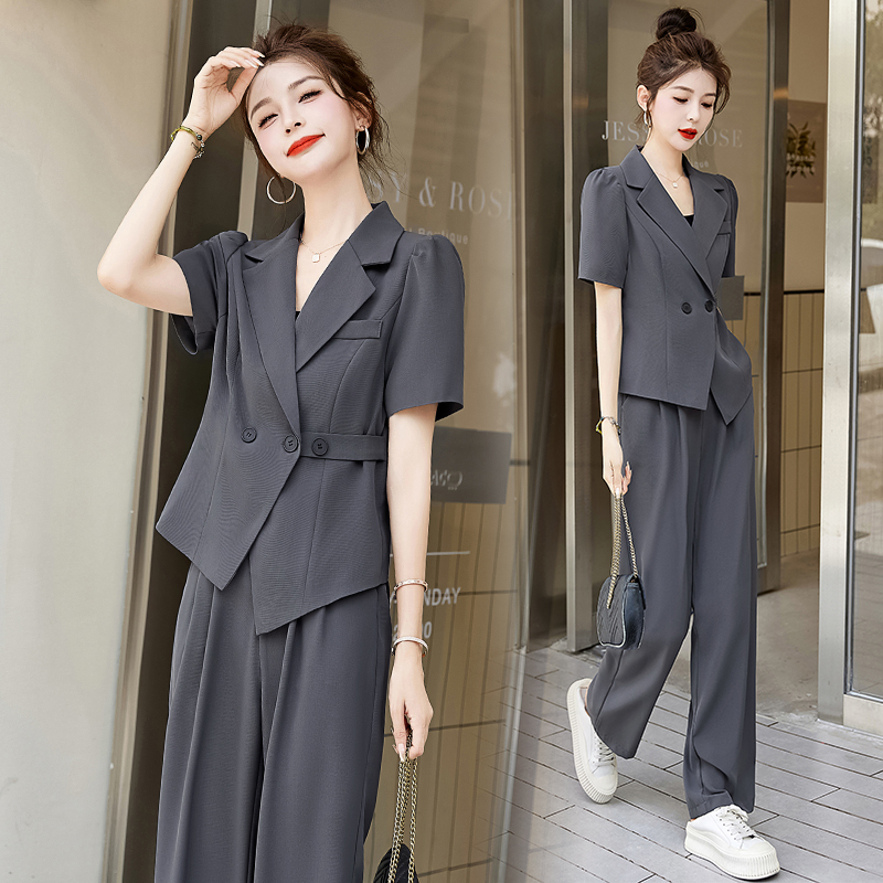 高级感短袖西装套装女2025夏季新款显瘦气质通勤垂感阔腿裤两件套