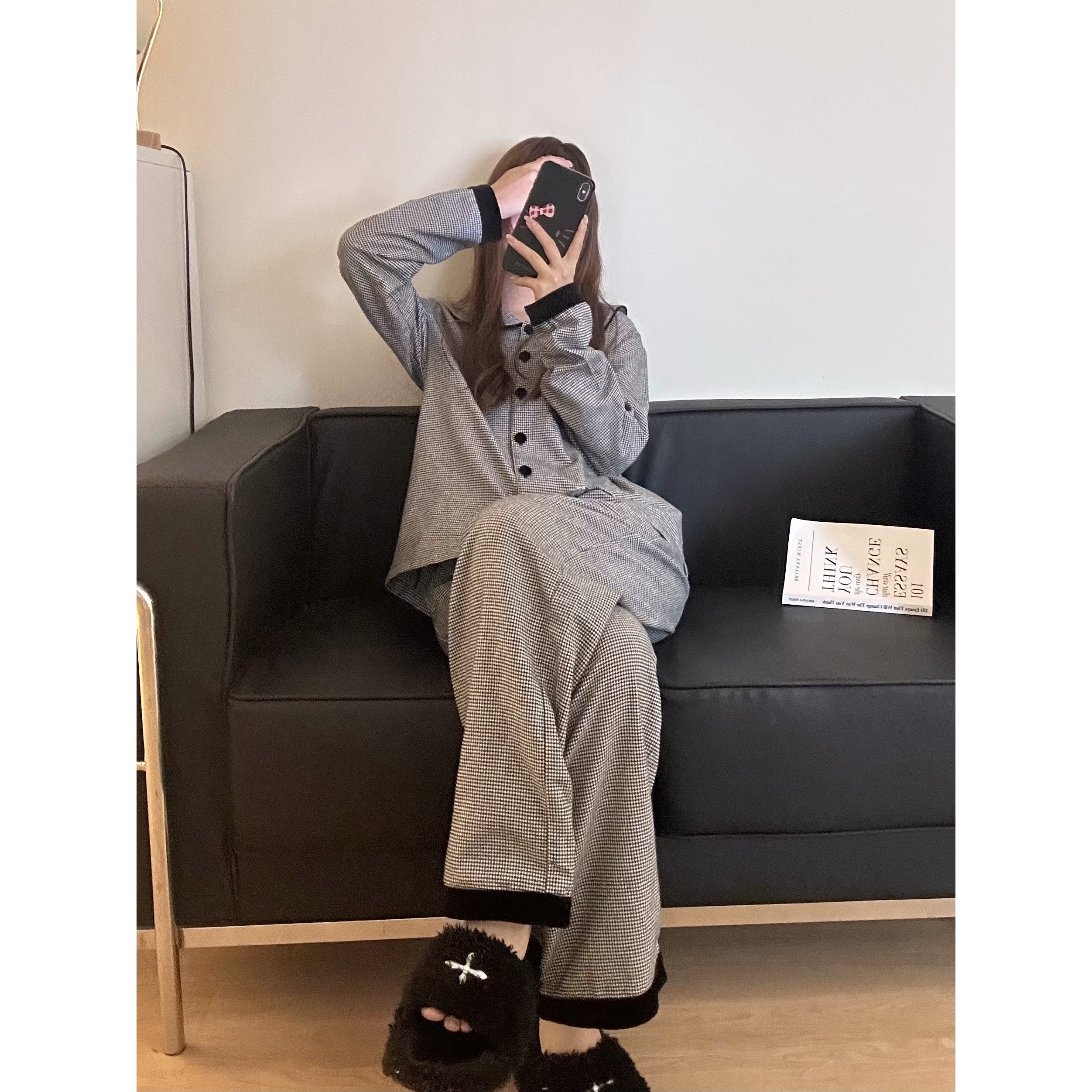 【韩系格纹】简约睡衣女春秋款2025年新款开衫长裤舒适家居服套装