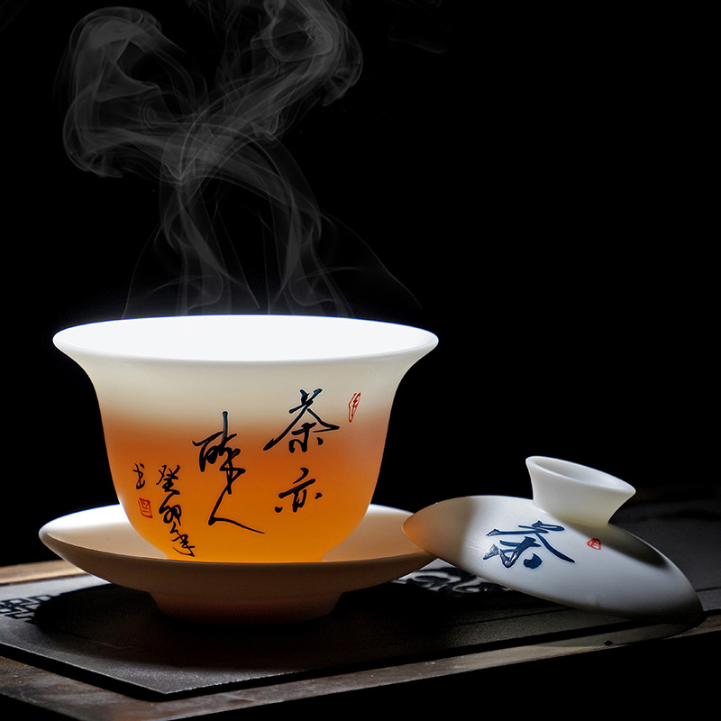 羊脂玉素烧三才盖碗茶杯德化白瓷泡茶高档茶具套装功夫碗带盖陶瓷