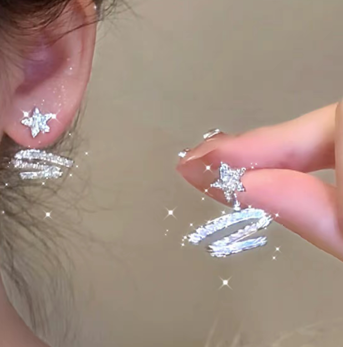 铜合金耳饰 明星同款星光飘带耳钉气质轻奢可拆卸满锆耳环小众ins