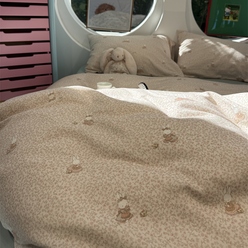 易安阁韩系少女心砂洗磨毛卡通碎花小仙兔兔四件套纯棉1.5m1.8米