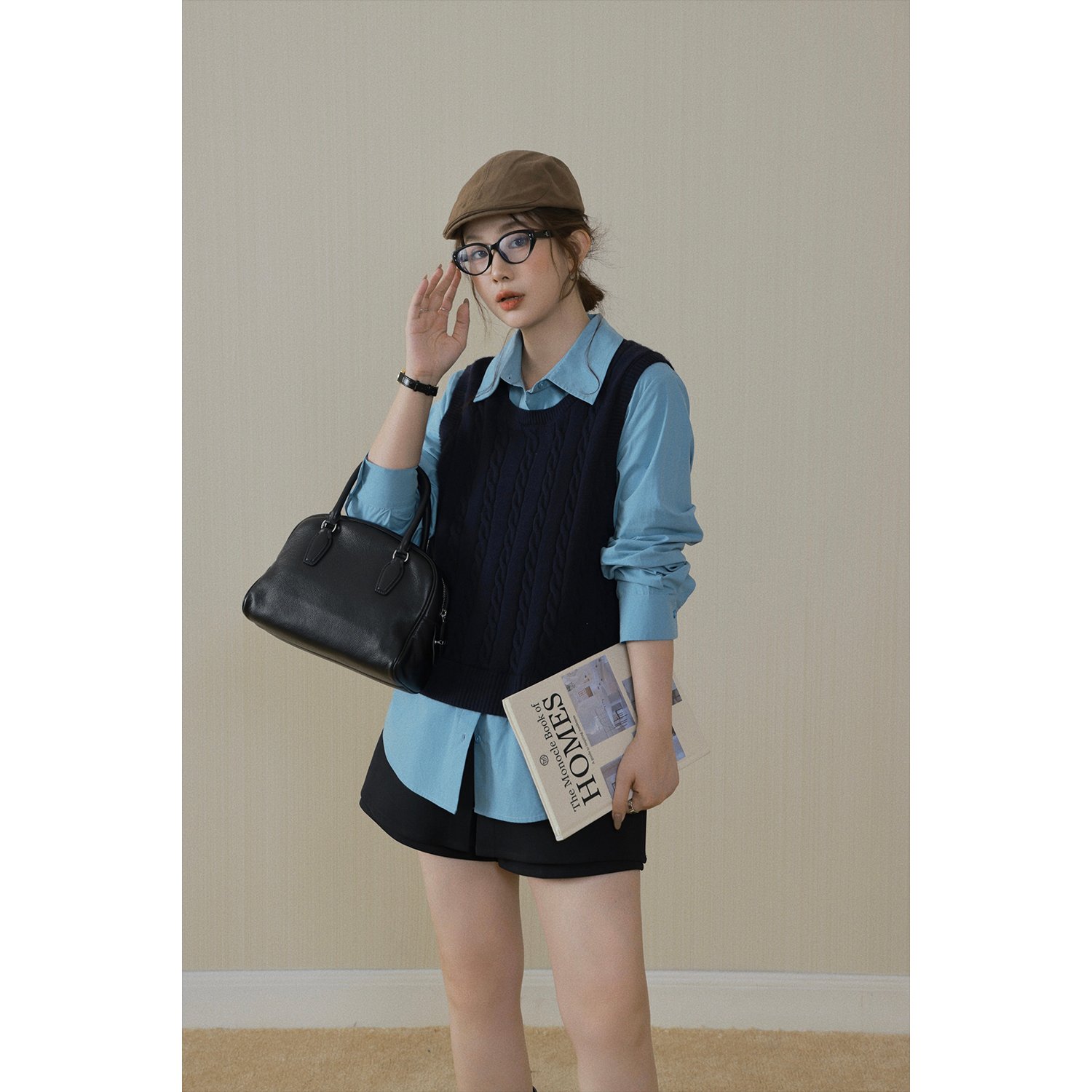 现货大婉酱微胖定制【莱茵蓝调】假两件针织背心衬衫百搭上衣 2624D