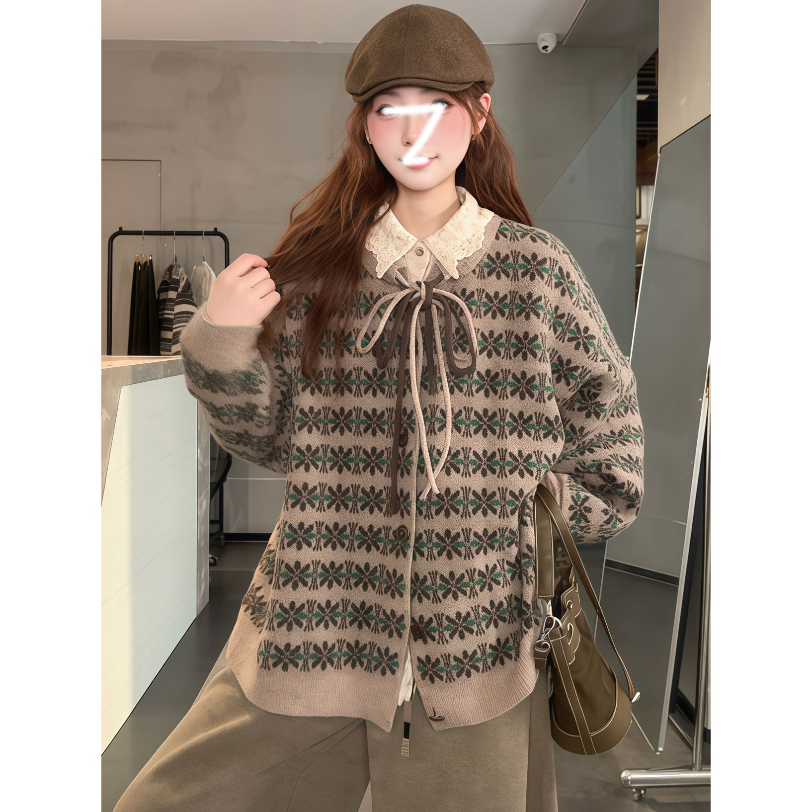 复古提花软糯系带毛衣开衫女秋冬季撞色新款宽松显瘦百搭针织外套