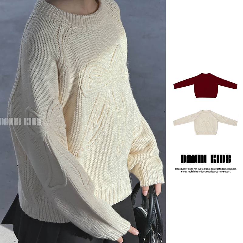 嗒囜【在逃雪公主】软fufu立体蝴蝶结儿童冬季宽松圆领套头针织毛衣