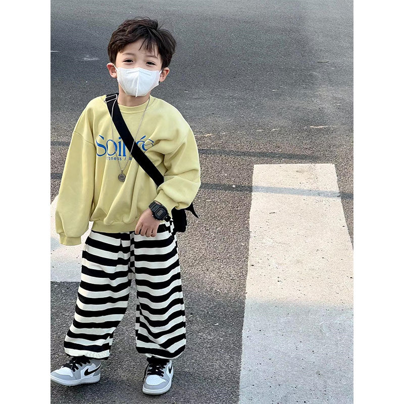 条纹卫衣+男童春秋阔腿裤套装中小童长袖宽松卫衣条纹长裤两件套