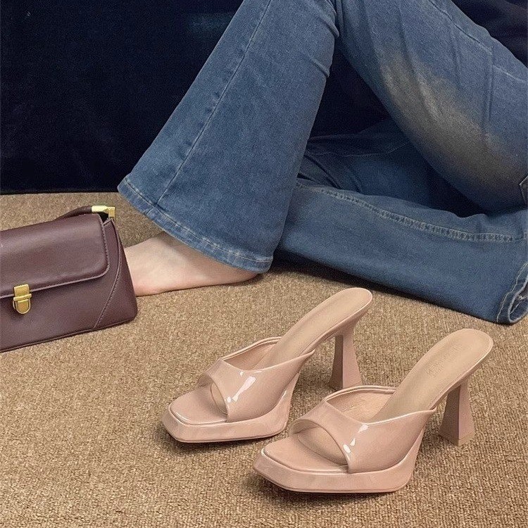防水台裸色高跟鞋女2025年新款细跟凉拖鞋设计感复古方头露趾凉鞋