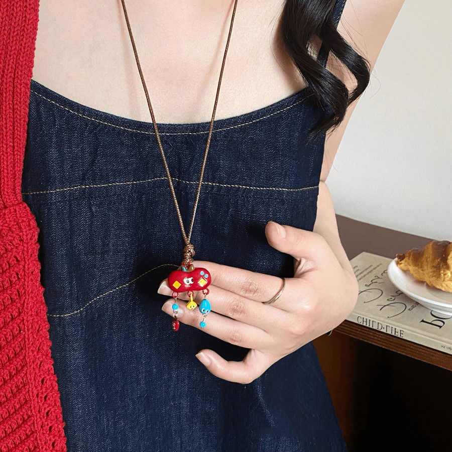 合金项链 多巴胺彩色苹果编织长款项链女可爱挂脖个性卫衣链配饰