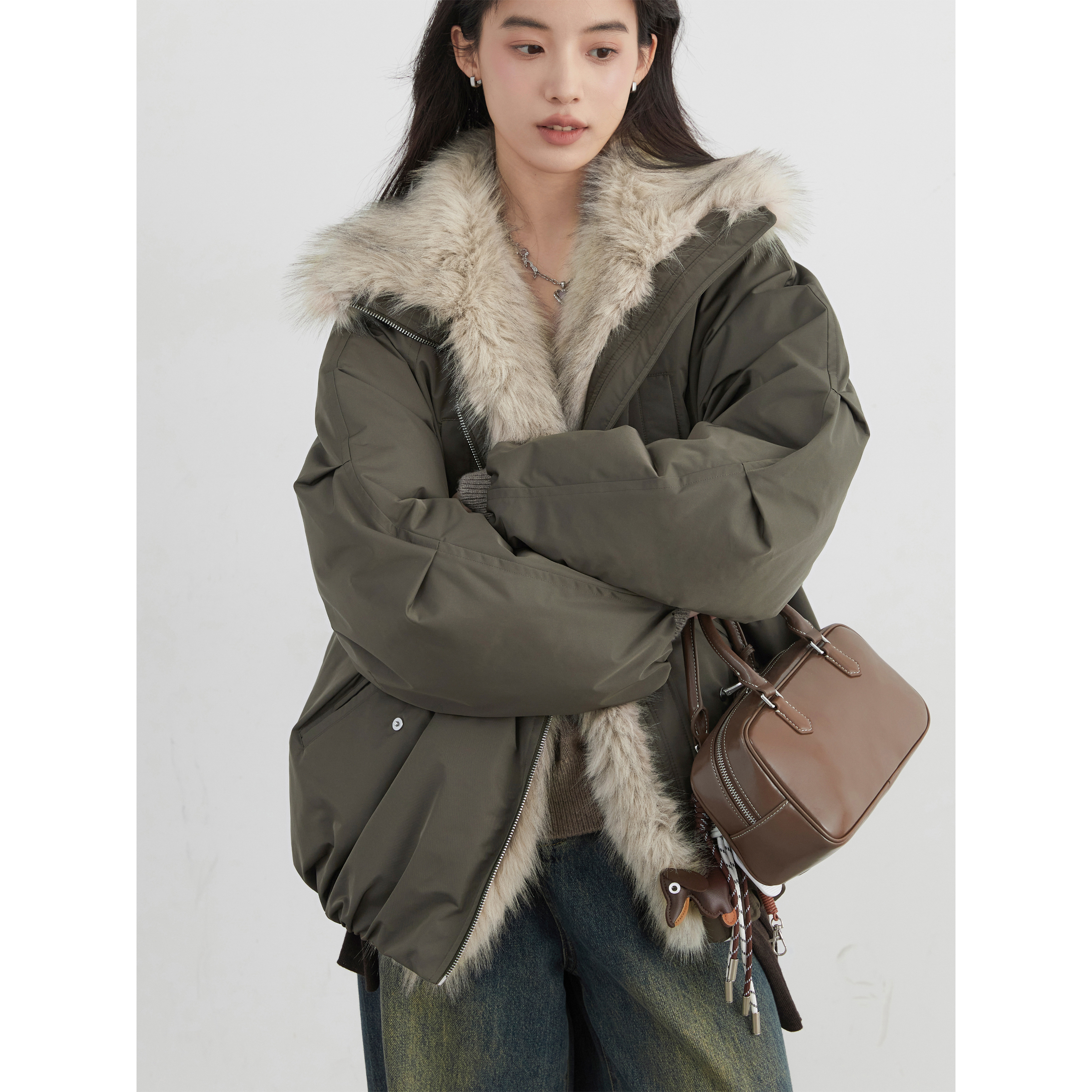 CHICVEN冬季新款环保皮草拼接毛领派克服巴恩风羽绒斯拉夫外套女