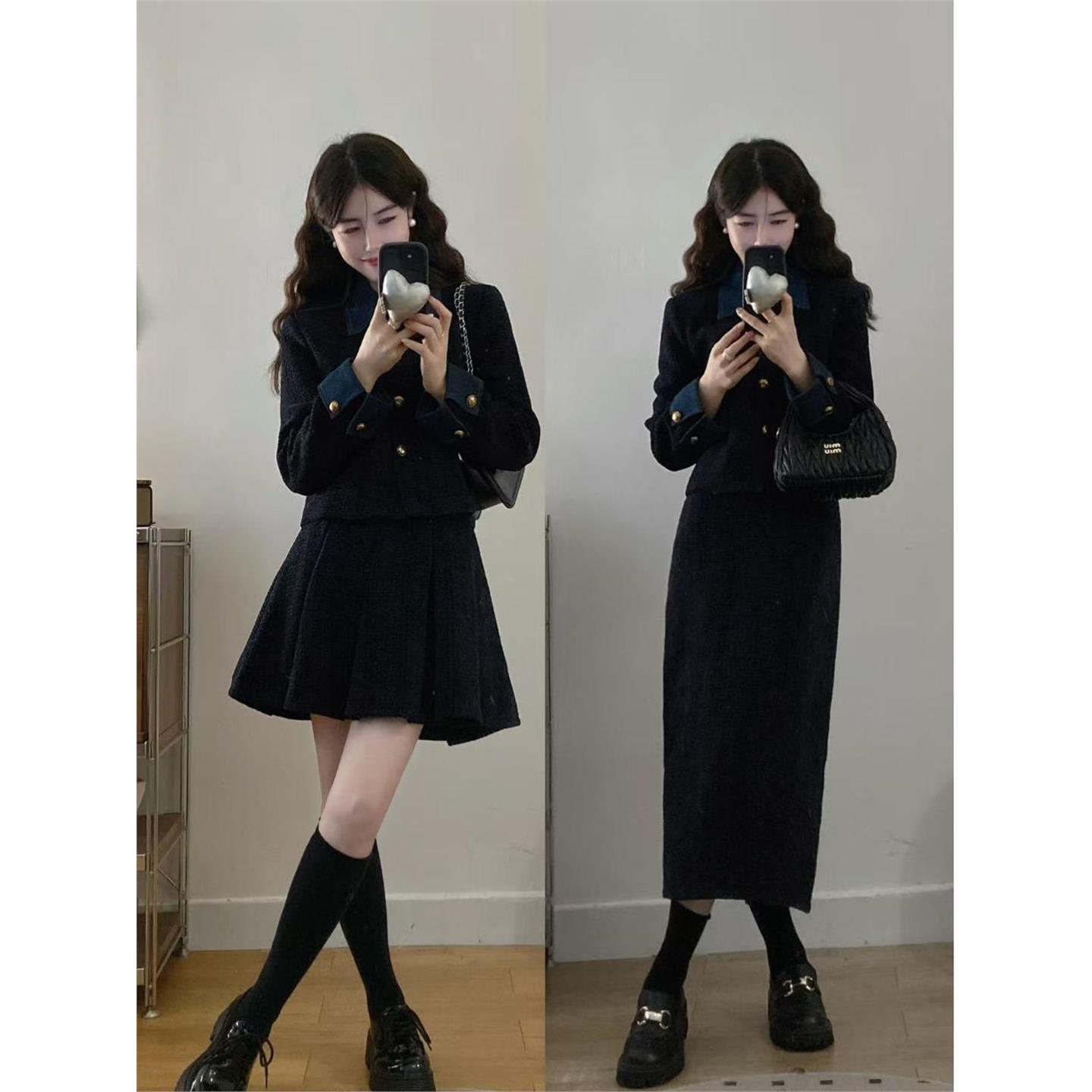 大码法式高级感套装女秋冬小香风假两件夹棉外套胖MM半身裙两件套