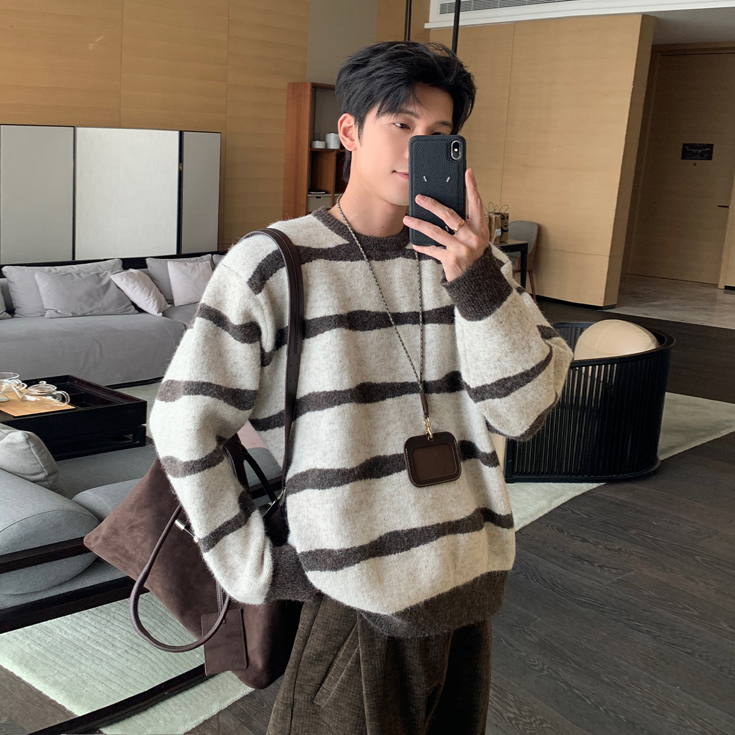 一轩轩轩【雪落有声】秋冬慵懒风条纹男加厚保暖针织衫毛衣M079